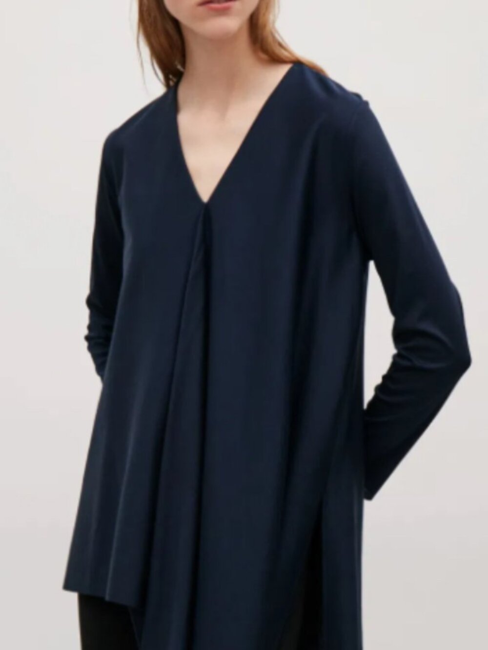 COS Navy Blue Asymmetric V Neck Side Slit Smooth Minimalist Cotton Top XS